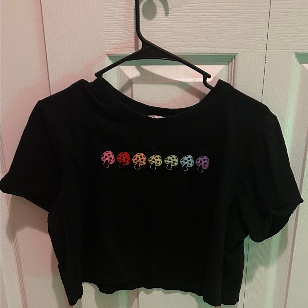 Black Crop Top with Colorful Mushroom Design